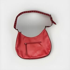 BCBG Generation Red Faux Leather Hobo Shoulder Bag Studded Strap Zip Top NEW